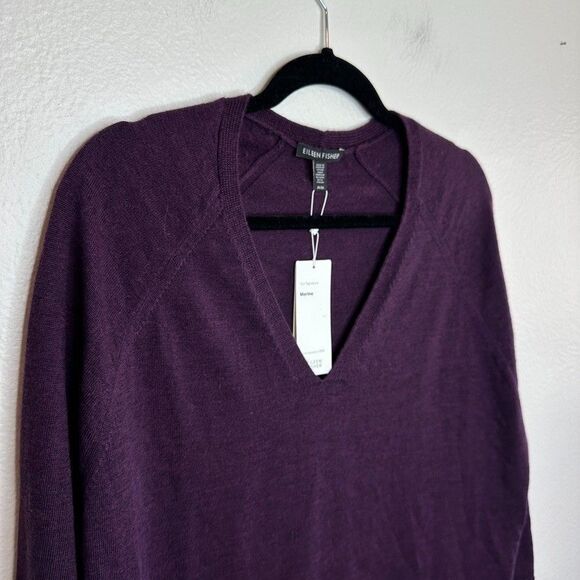 Eileen Fisher Merino Wool Tunic Sweater M Purple V Neck NWT $238 Minimalist - Picture 3 of 8